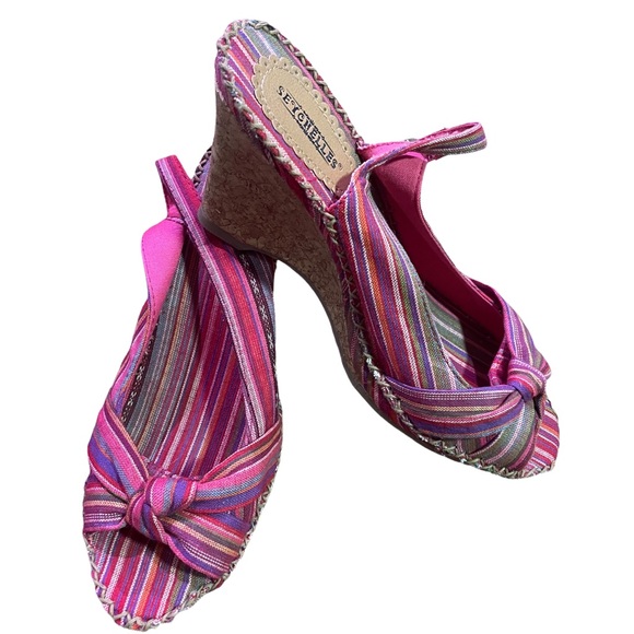 Seychelles Pink Stripped Canvas Bo Peep Toe Slingback Cork Wedges Women Size 7.5 - Picture 11 of 14
